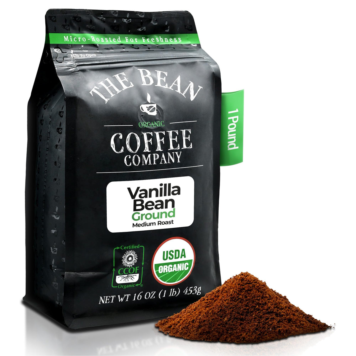 The Bean Organic Coffee Company Vanilla Bean – Medium Roast Ground Coffee, 16-Ounce Bag