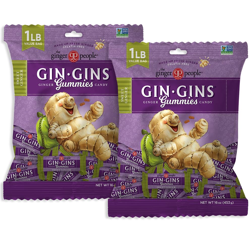 GIN GINS Sweet Ginger Gummies by The Ginger People – Fresh Ginger Chews, 1 lb Bags (Pack of 2)