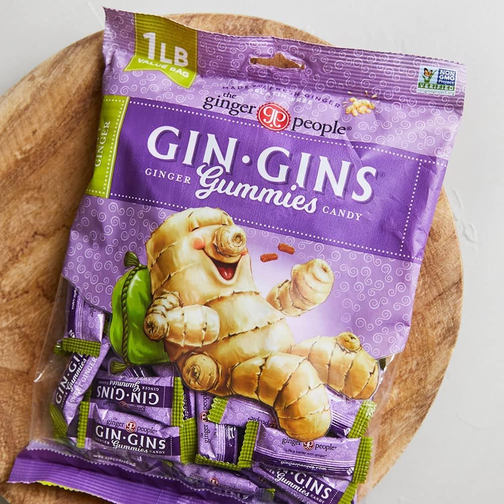 GIN GINS Sweet Ginger Gummies by The Ginger People – Fresh Ginger Chews, 1 lb Bags (Pack of 2)