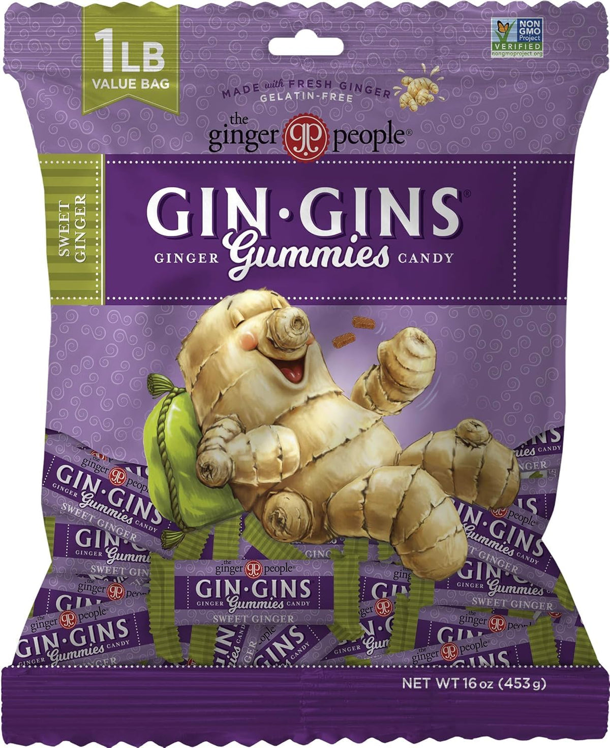 GIN GINS Sweet Ginger Gummies by The Ginger People – Fresh Ginger Chews, 1 lb Bags (Pack of 2)