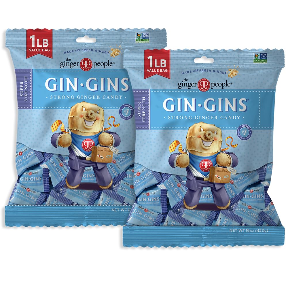 GIN GINS Super Strength Ginger Candy by The Ginger People – 2 x 16oz Bags