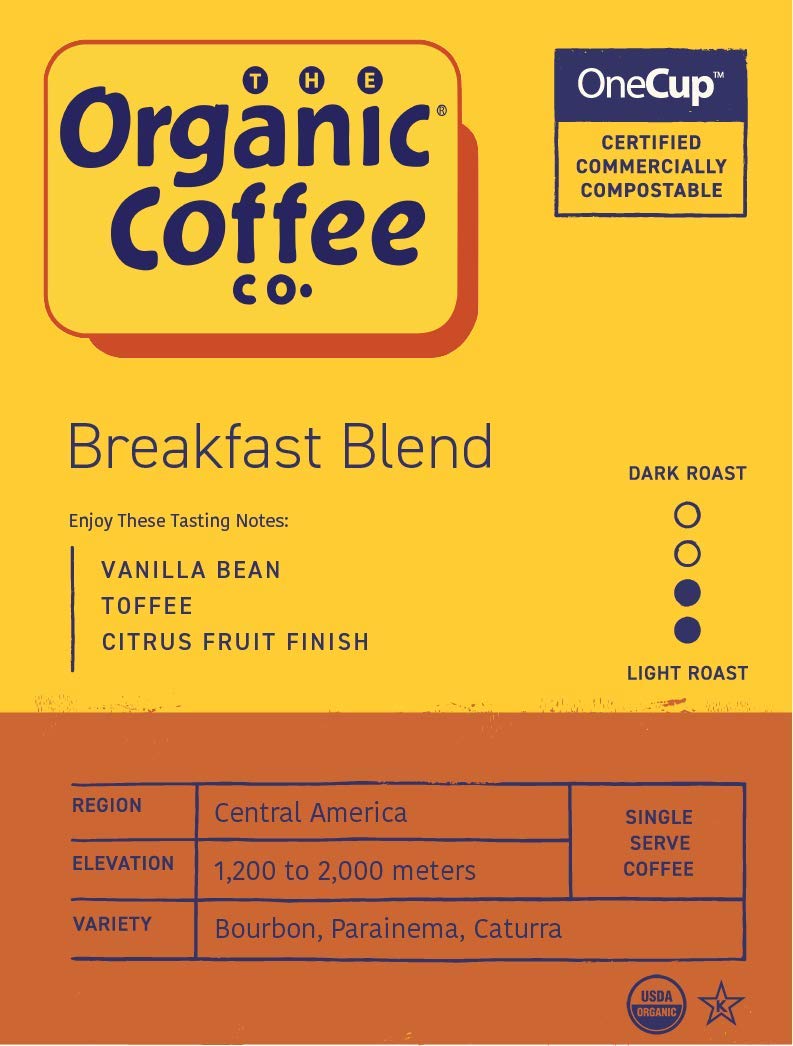 The Organic Coffee Co. Compostable Pods – Breakfast Blend (36 ct), K-Cup Compatible, USDA Organic