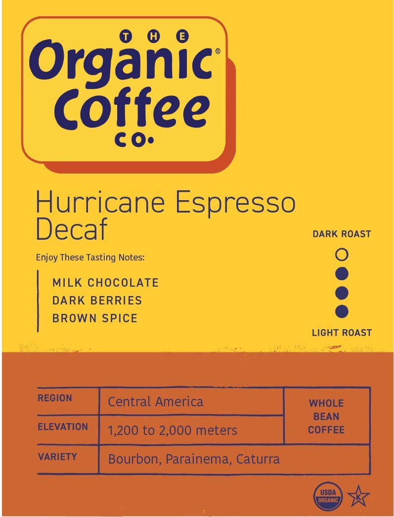 Organic Coffee Co. DECAF Hurricane Espresso – Whole Bean 2 lb, Medium-Dark, Water Processed USDA Organic