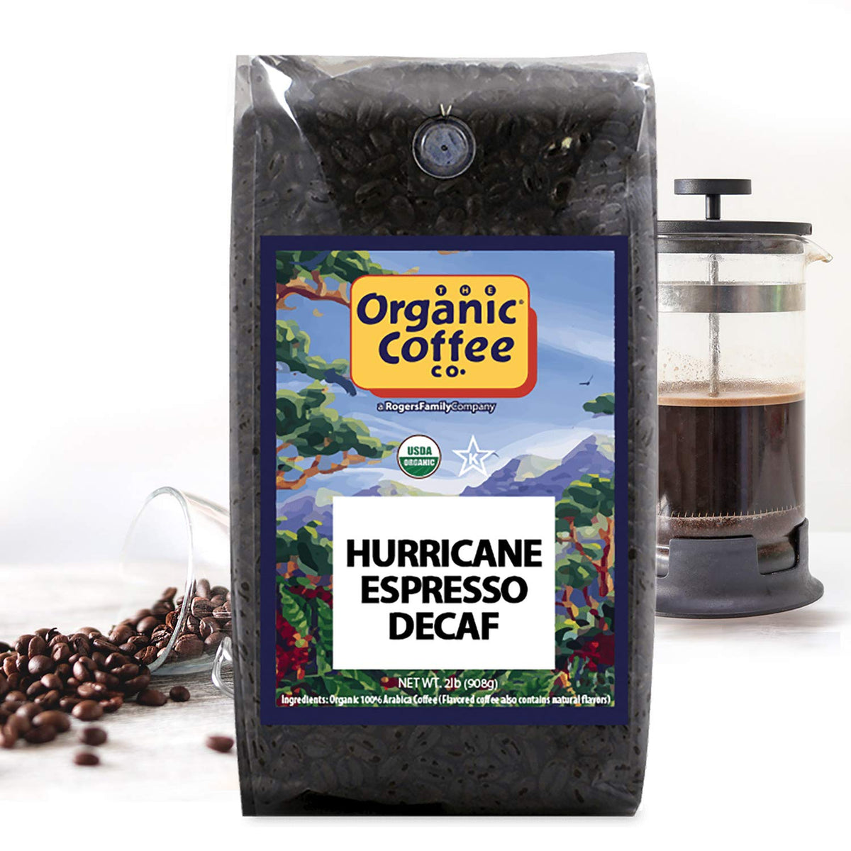 Organic Coffee Co. DECAF Hurricane Espresso – Whole Bean 2 lb, Medium-Dark, Water Processed USDA Organic
