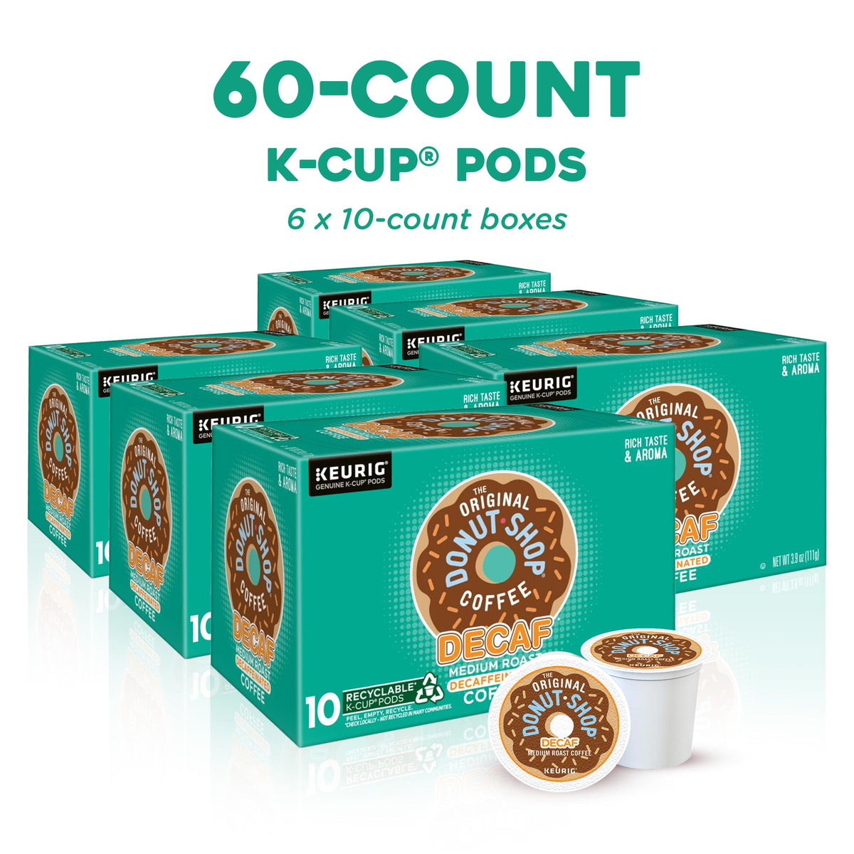 The Original Donut Shop Decaf Keurig K-Cup Pods — Medium Roast, 60 Count (Six Packs of 10)