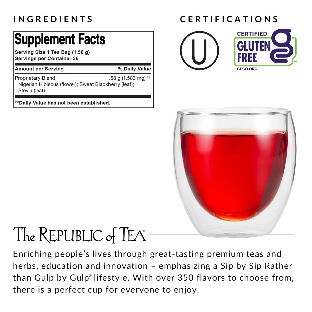 The Republic of Tea – Natural Hibiscus Tea Super Refill, 100 Tea Bags, Caffeine Free, Gluten Free