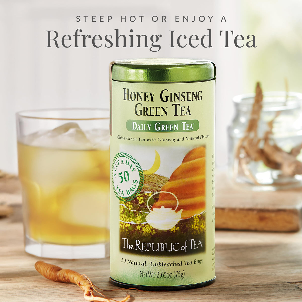 The Republic of Tea Honey Ginseng Green Tea – 100 Bags, Refill Pack