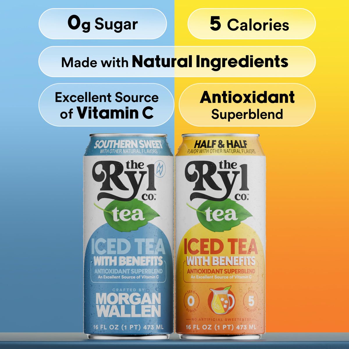 Ryl Co Front Porch Iced Tea – Sweet Tea & Half & Half, Zero Sugar, Low Calorie, Non-GMO, USA Made, 12-Pack, 16 fl oz