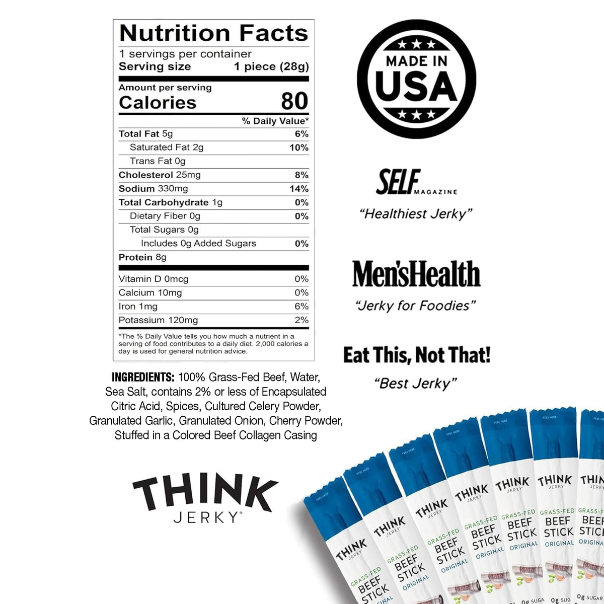 Think Jerky Original Beef Sticks – Gluten & Sugar Free, Nitrate Free, Keto & Paleo Friendly