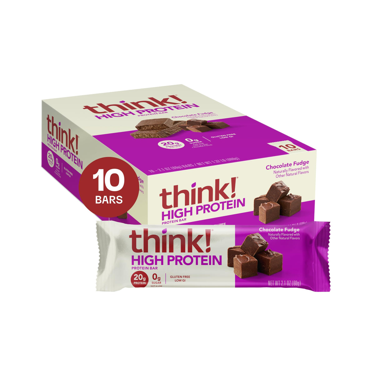 Think! Protein Bars – Chocolate Fudge, 20g Protein, Gluten Free & Kosher Friendly, 2.1 oz, 10 Bars