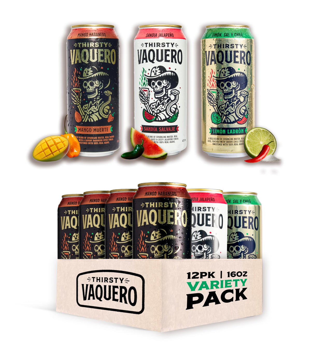 Thirsty Vaquero Agua Salvaje Variety Pack – Lime, Mango & Watermelon Jalapeño Sodas, 16oz Cans (12-Pack)