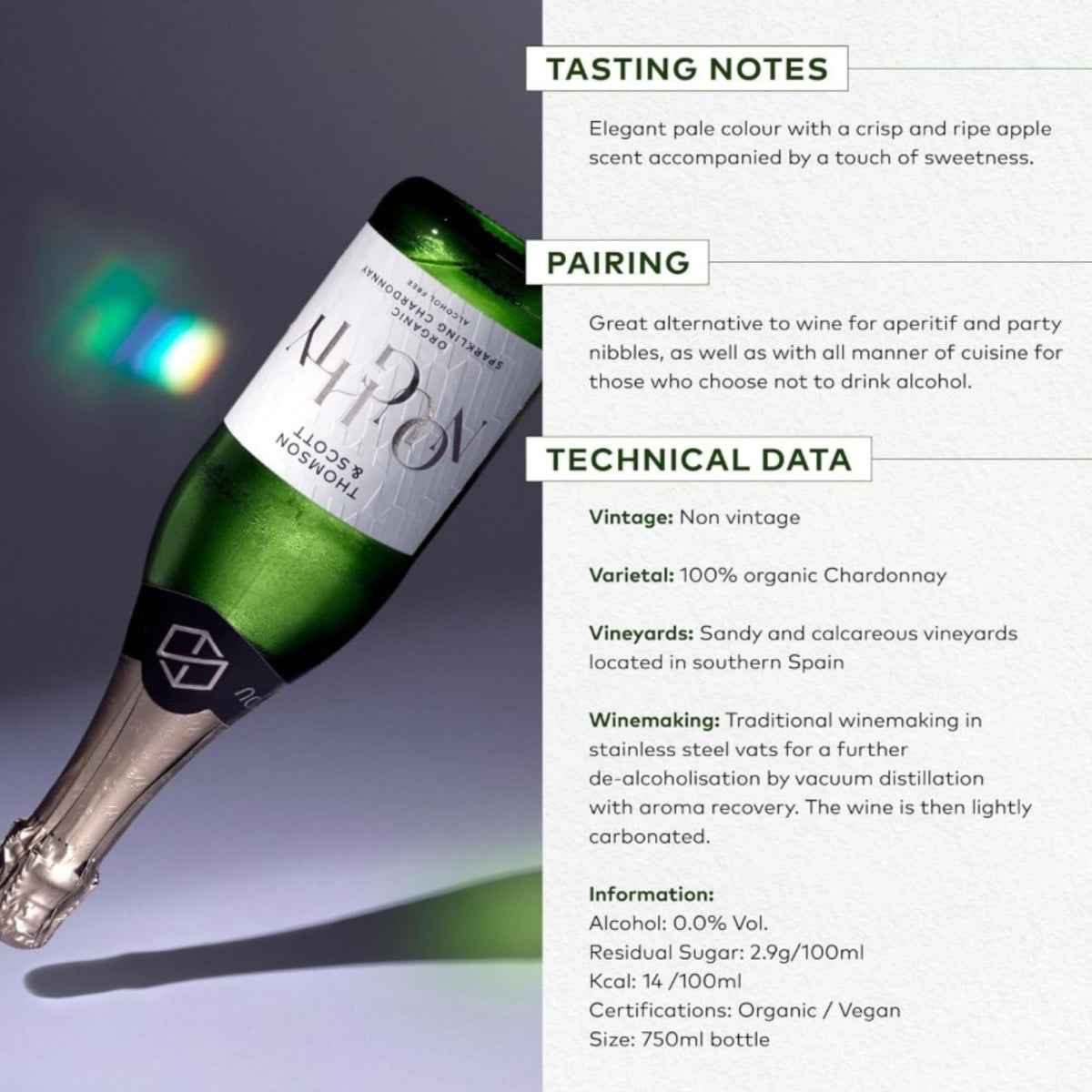 Thomson & Scott Noughty Sparkling Chardonnay – 0% ABV, Organic Non-Alcoholic Sparkling Wine