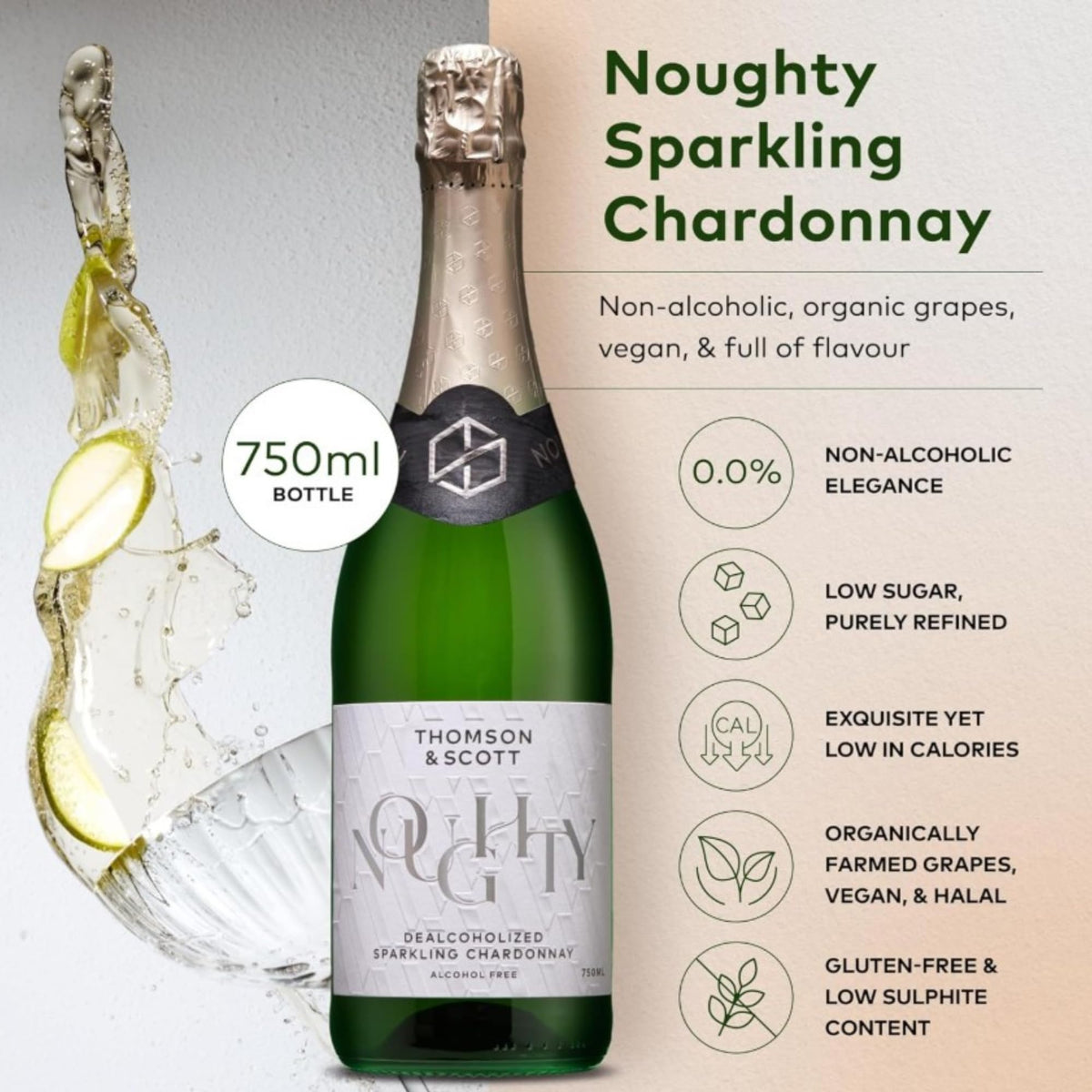 Thomson & Scott Noughty Sparkling Chardonnay – 0% ABV, Organic Non-Alcoholic Sparkling Wine