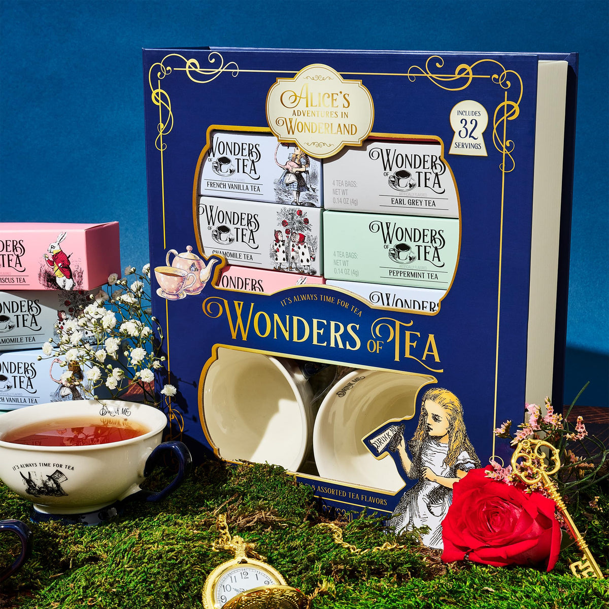 Thoughtfully Alice’s Adventures Tea Gift Set (34-piece) – 2 Ceramic Cups, 32 Tea Bags in Whimsical Book Packaging