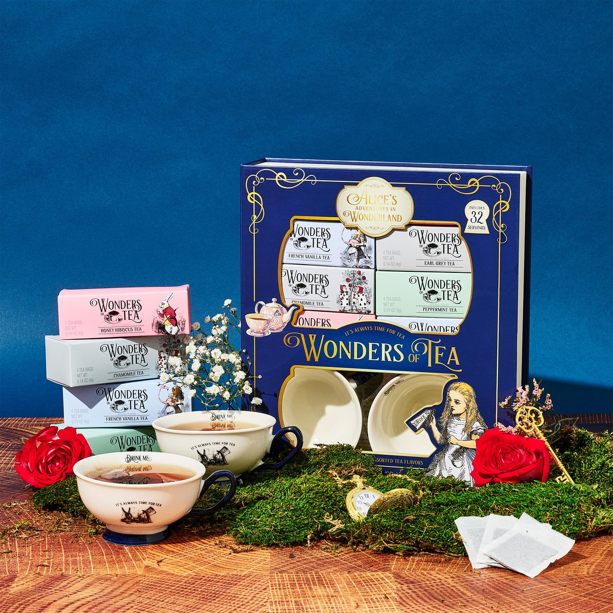 Thoughtfully Alice’s Adventures Tea Gift Set (34-piece) – 2 Ceramic Cups, 32 Tea Bags in Whimsical Book Packaging
