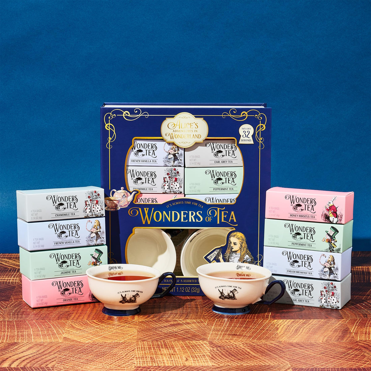 Thoughtfully Alice’s Adventures Tea Gift Set (34-piece) – 2 Ceramic Cups, 32 Tea Bags in Whimsical Book Packaging