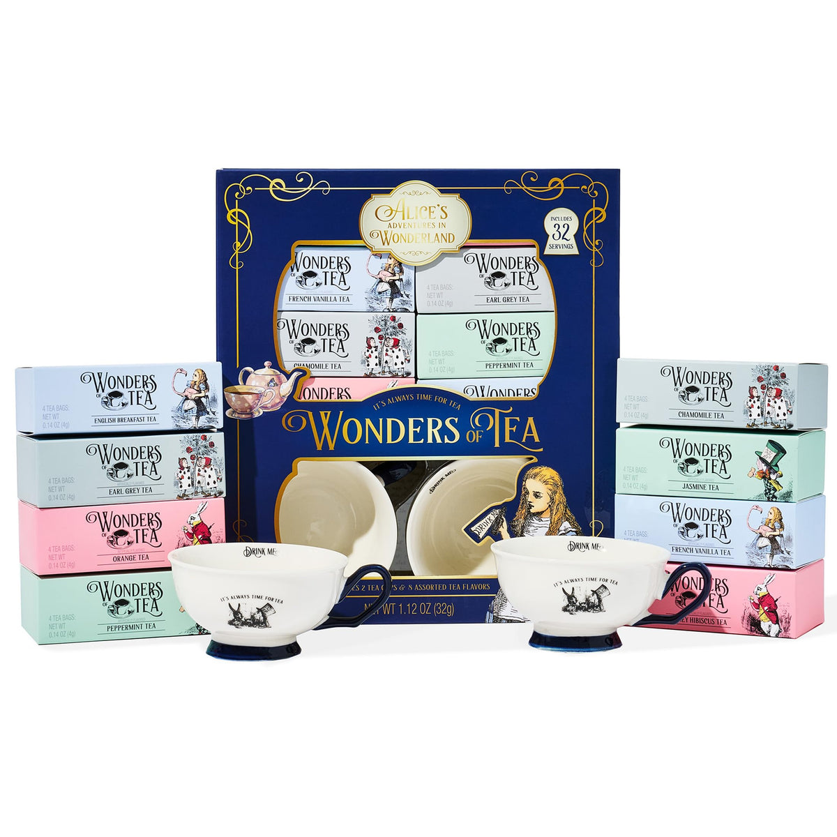 Thoughtfully Alice’s Adventures Tea Gift Set (34-piece) – 2 Ceramic Cups, 32 Tea Bags in Whimsical Book Packaging
