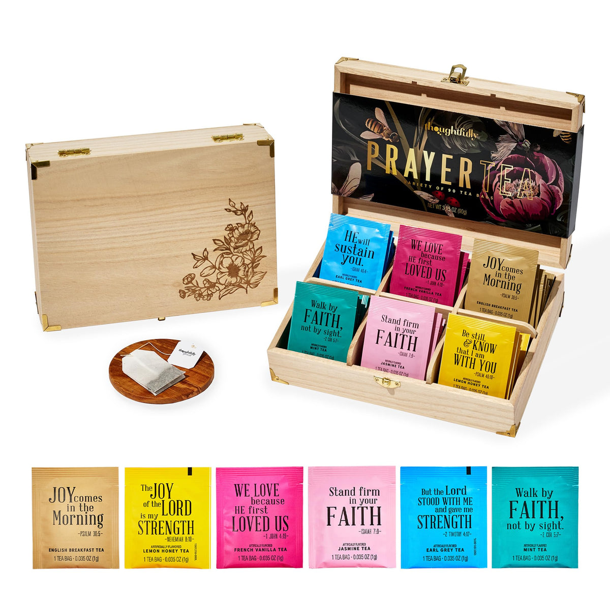 Thoughtfully Gourmet Christian Prayer Tea Gift Set – 90 Teas, 6 Flavors, Wooden Box