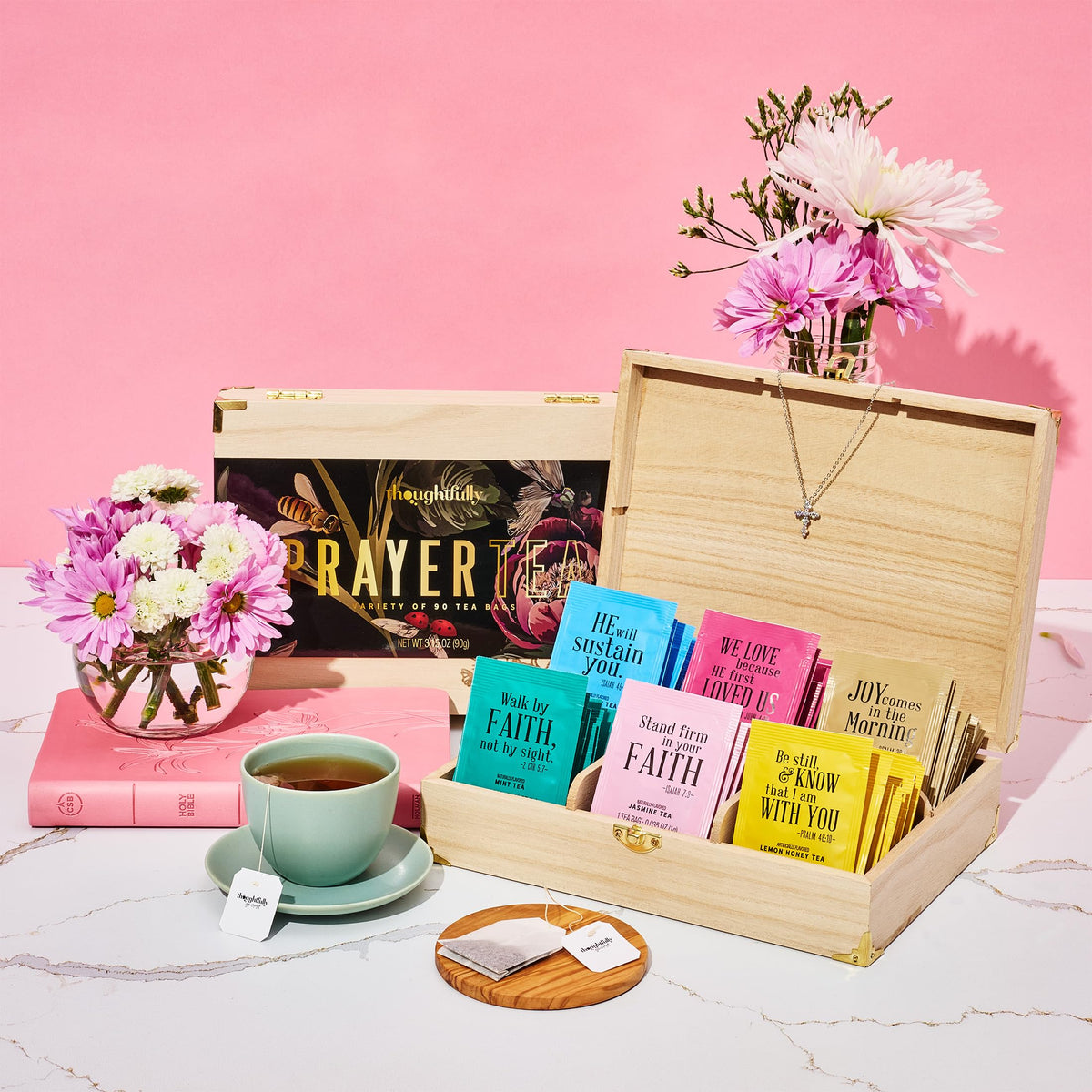 Thoughtfully Gourmet Christian Prayer Tea Gift Set – 90 Teas, 6 Flavors, Wooden Box