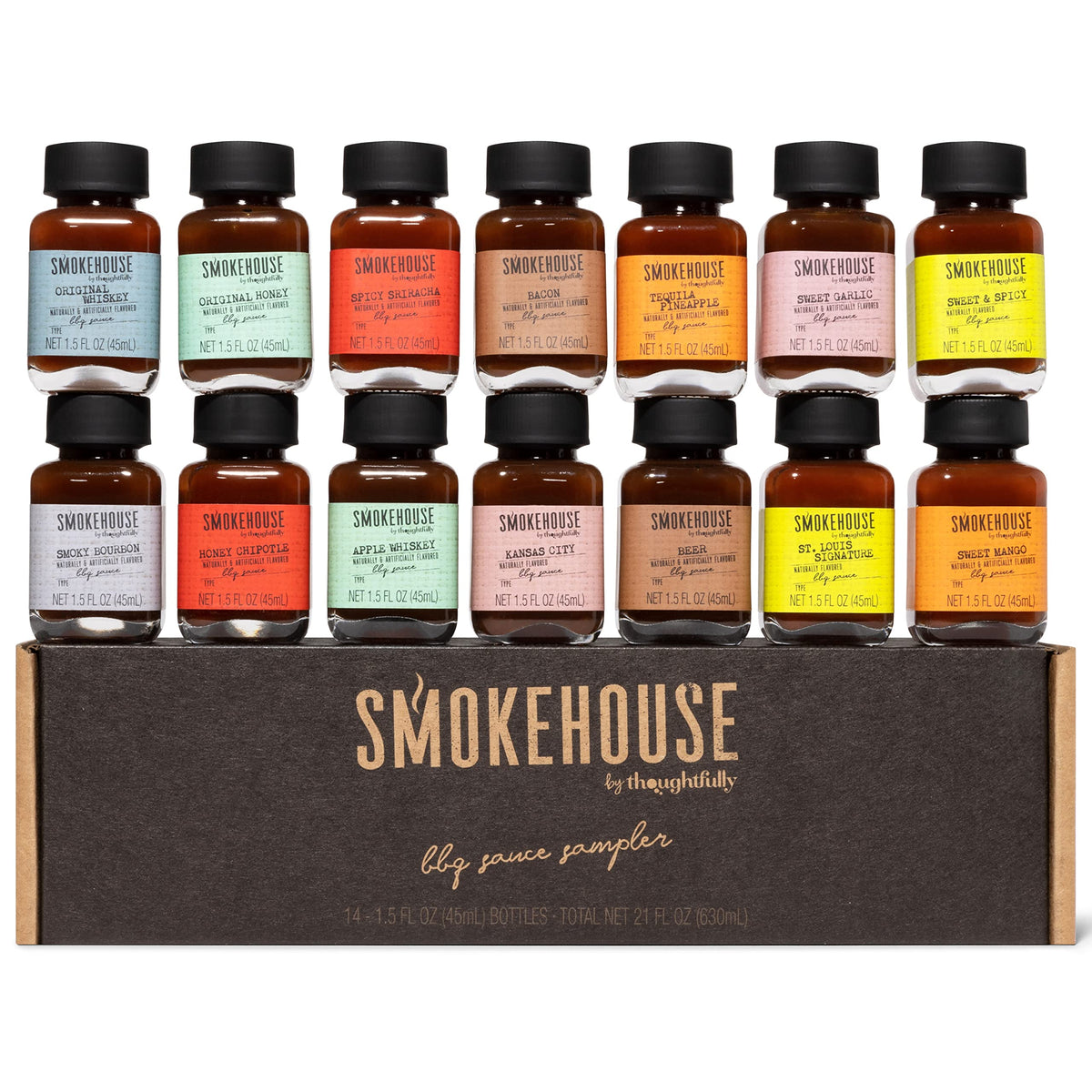 Smokehouse by Thoughtfully – Gourmet BBQ Sauce Sampler (14 Glass Bottles), Vegan & Vegetarian