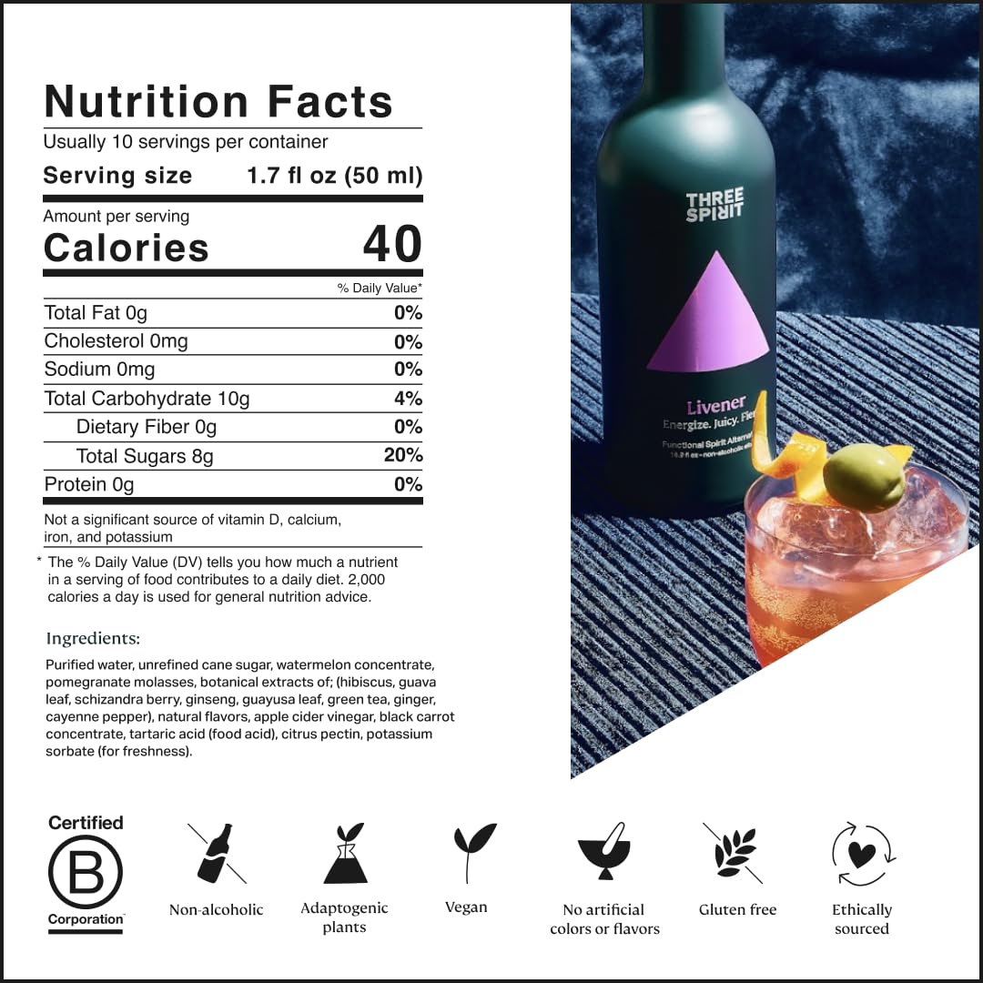 Three Spirit Livener – Non-Alcoholic Botanical Spirit, 50cl | Watermelon & Ginger Flavor