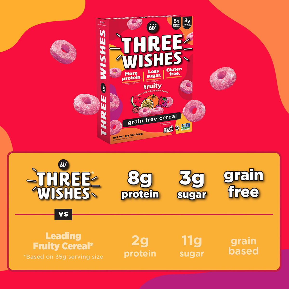 Three Wishes Grain-Free Protein Breakfast Cereal – 8g Protein, 3g Sugar, Gluten Free, Vegan, Non-GMO, Organic Cane Sugar & Cinnamon – Fruity, 6-Pack