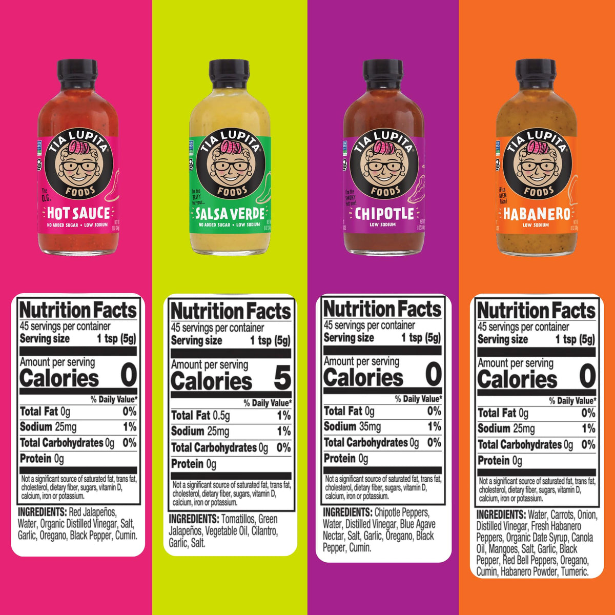TIA LUPITA Hot Sauce Variety Pack – 4 Flavors: Jalapeño, Salsa Verde, Habanero, Chipotle | Gluten-Free, Non-GMO, Sugar-Free