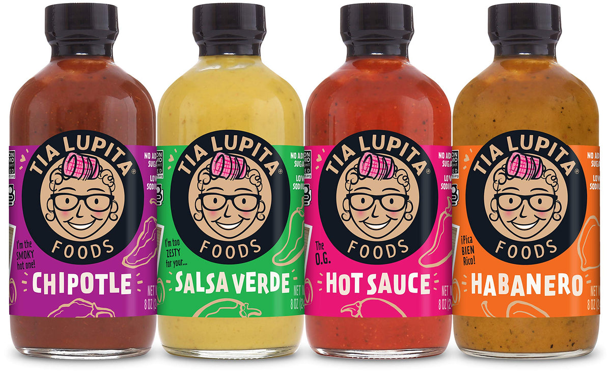 TIA LUPITA Hot Sauce Variety Pack – 4 Flavors: Jalapeño, Salsa Verde, Habanero, Chipotle | Gluten-Free, Non-GMO, Sugar-Free
