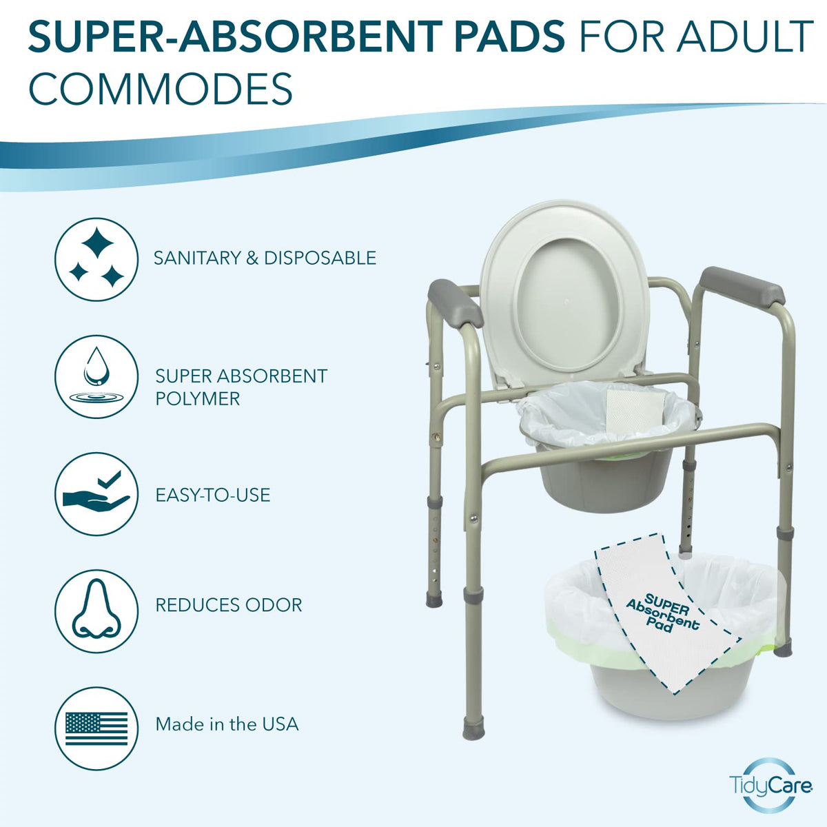 TidyCare Disposable Bedside Commode Pads for Adult Portable Toilet Chair Bucket and Bedpan | Value Pack of 120 Commode Pads | Universal Fit Absorbent Pads for Home Medical Care