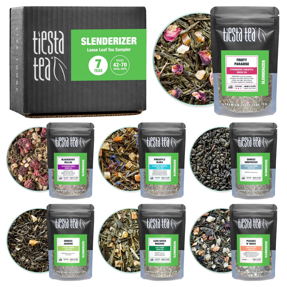 Tiesta Tea - 7 Green Teas Dry Flight Sampler | Mother's Day Loose Leaf Gift Set | Medium Caffeine