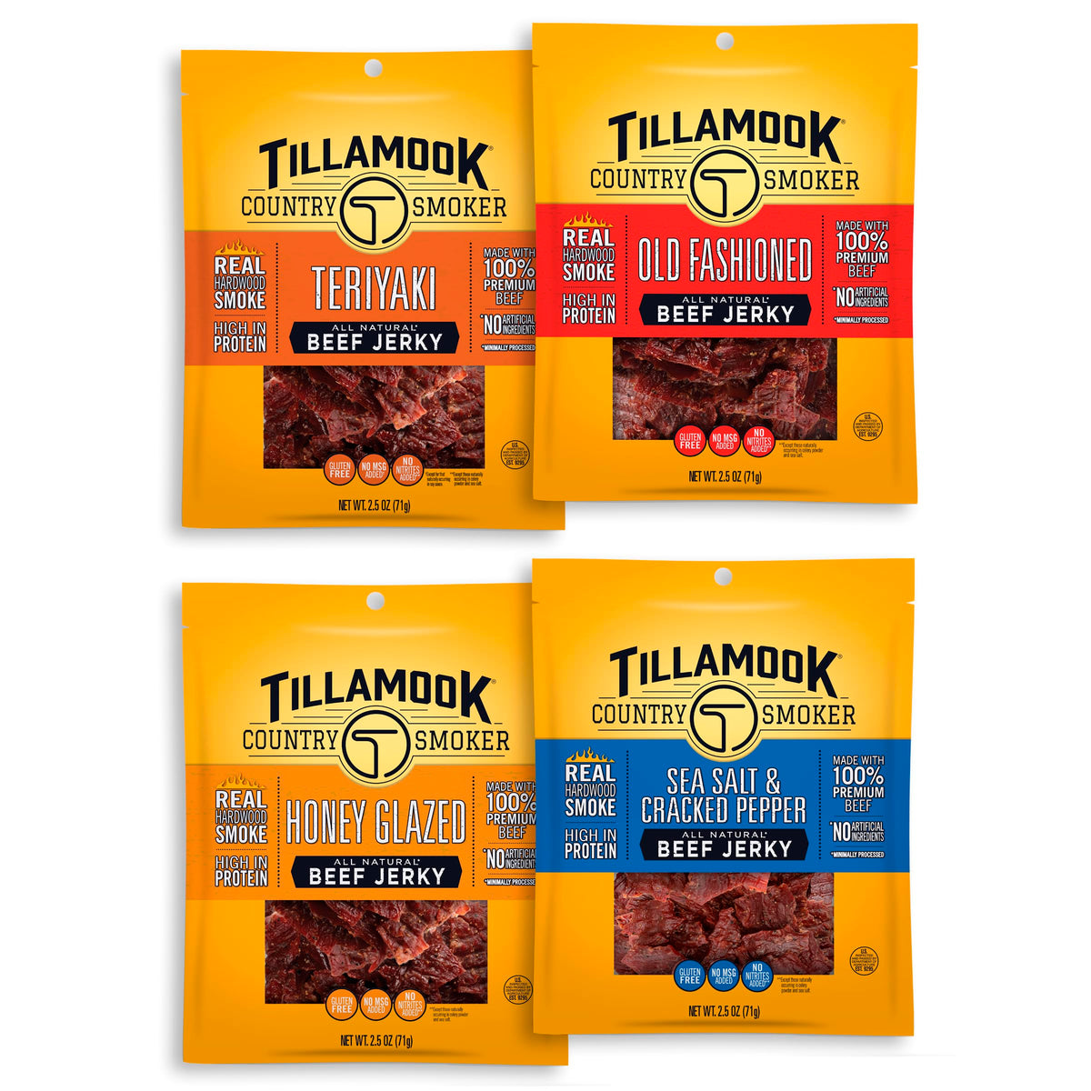 Tillamook Country Smoker Real Hardwood Smoked Beef Jerky Variety Pack, 2.5 oz (Pack of 4)