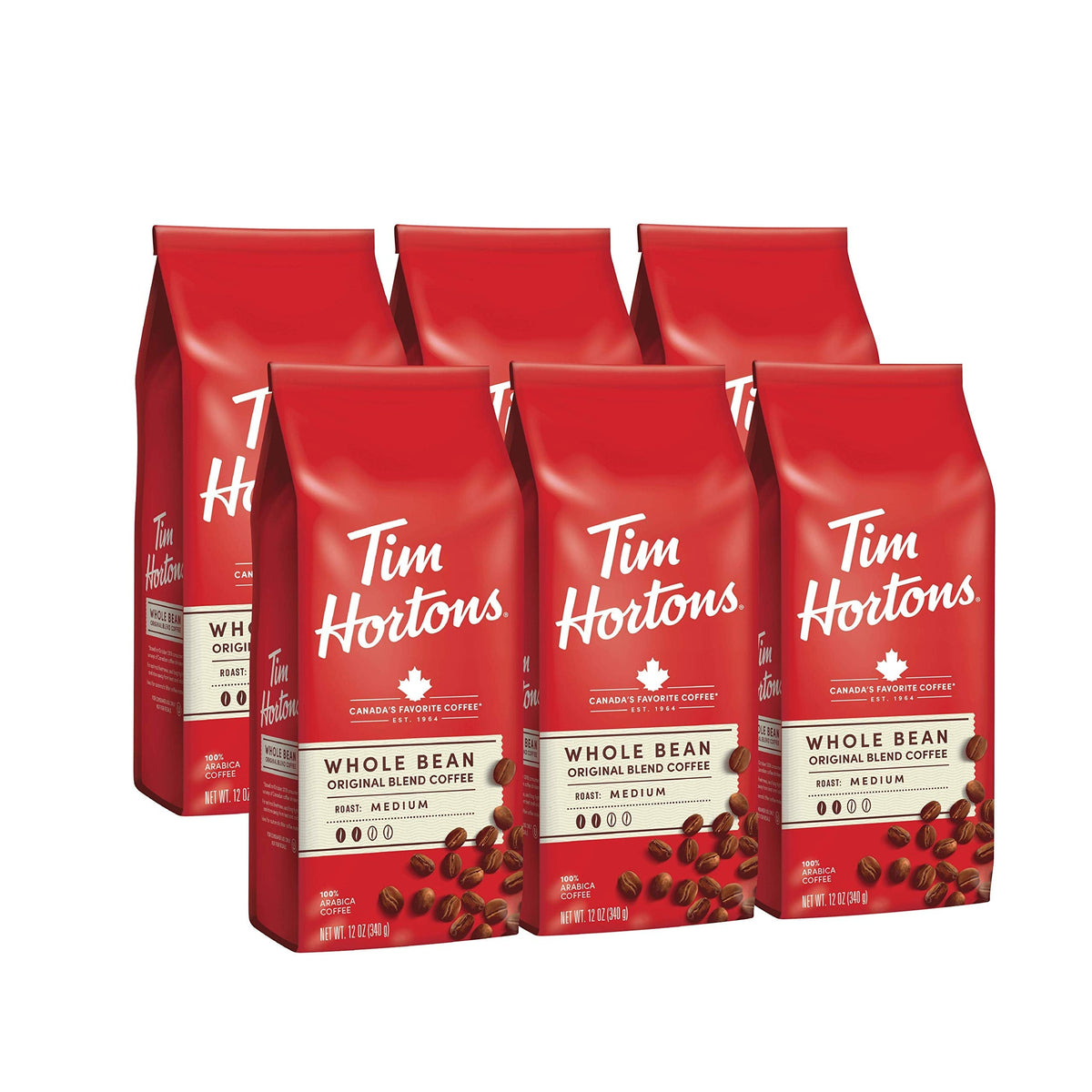 Tim Hortons Whole Bean Original Coffee – Medium Roast, 100% Arabica, 12 oz, 6-Pack
