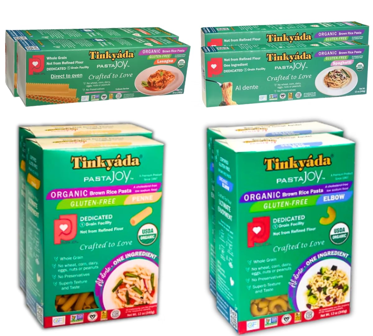 Tinkyada Organic Gluten-Free Brown Rice Pasta Variety Pack – 8 Packs (Elbow, Spaghetti, Lasagne & Penne)