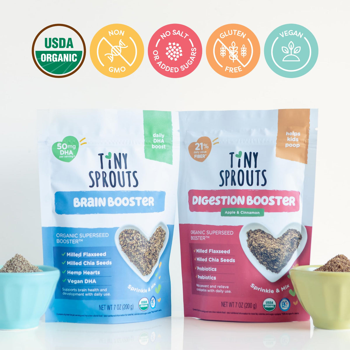 Tiny Sprouts Organic Brain & Digestion Booster Duo – Kids Omega-3, Probiotics