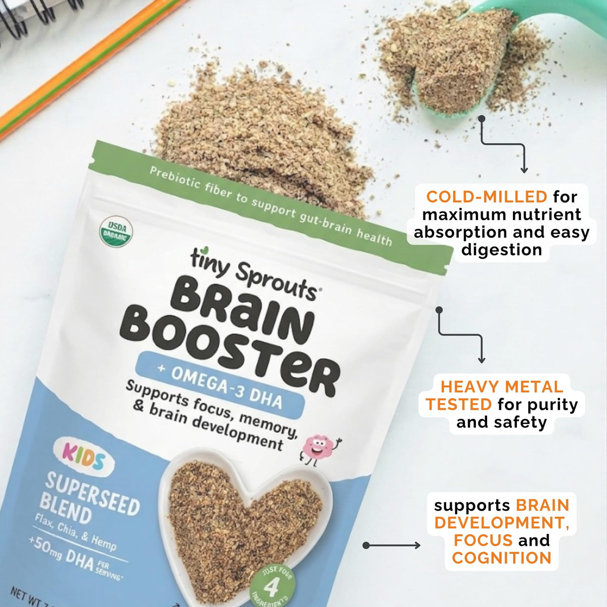 Tiny Sprouts Organic Milled Flax, Chia & Hemp Seeds Brain Booster + Vegan Omega-3 DHA | Kids Focus & Learning Support | 7 oz x 2 Pack