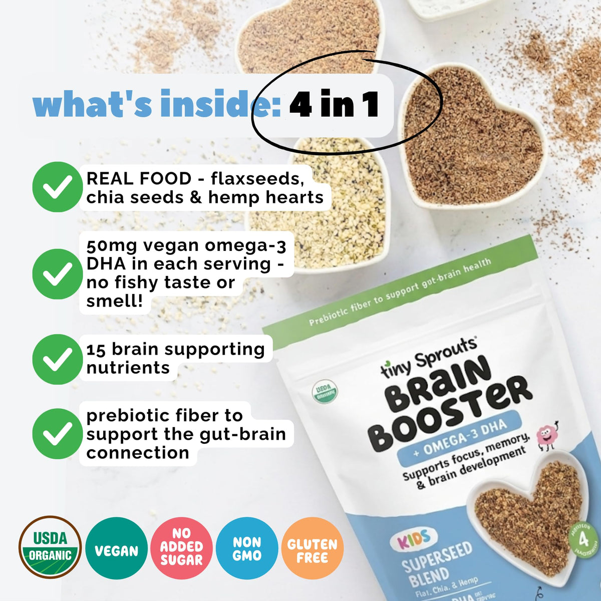 Tiny Sprouts Organic Milled Flax, Chia & Hemp Seeds Brain Booster + Vegan Omega-3 DHA | Kids Focus & Learning Support | 7 oz x 2 Pack