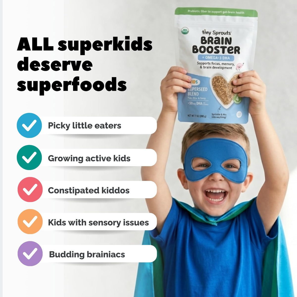 Tiny Sprouts Organic Milled Flax, Chia & Hemp Seeds Brain Booster + Vegan Omega-3 DHA | Kids Focus & Learning Support | 7 oz x 2 Pack