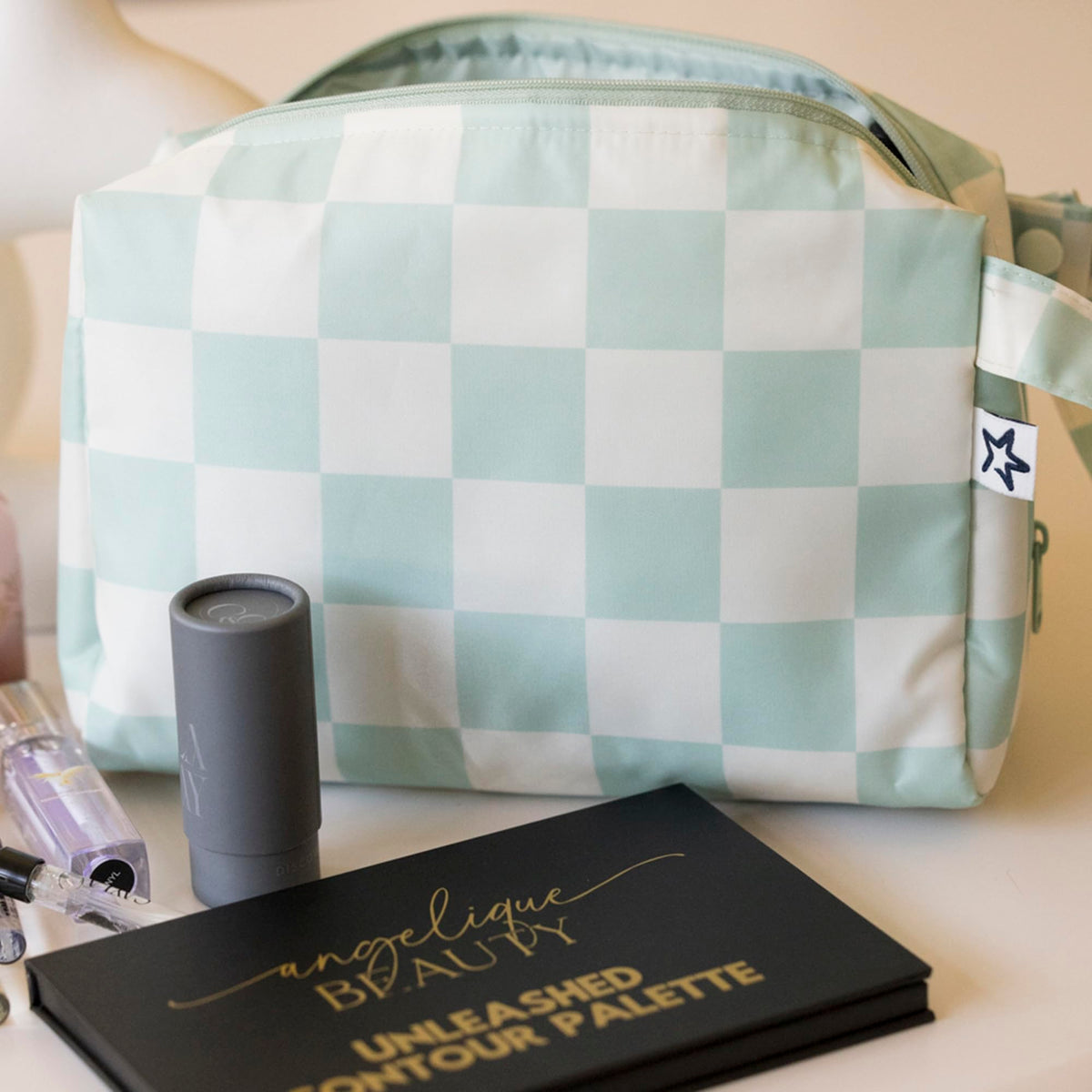 Tiny Twinkle Waterproof Travel Toiletry & Makeup Bag Organizer | Makeup Pouch with Multiple Compartments & Snap Handle for Travel | Gift for Women（Sage Checkers