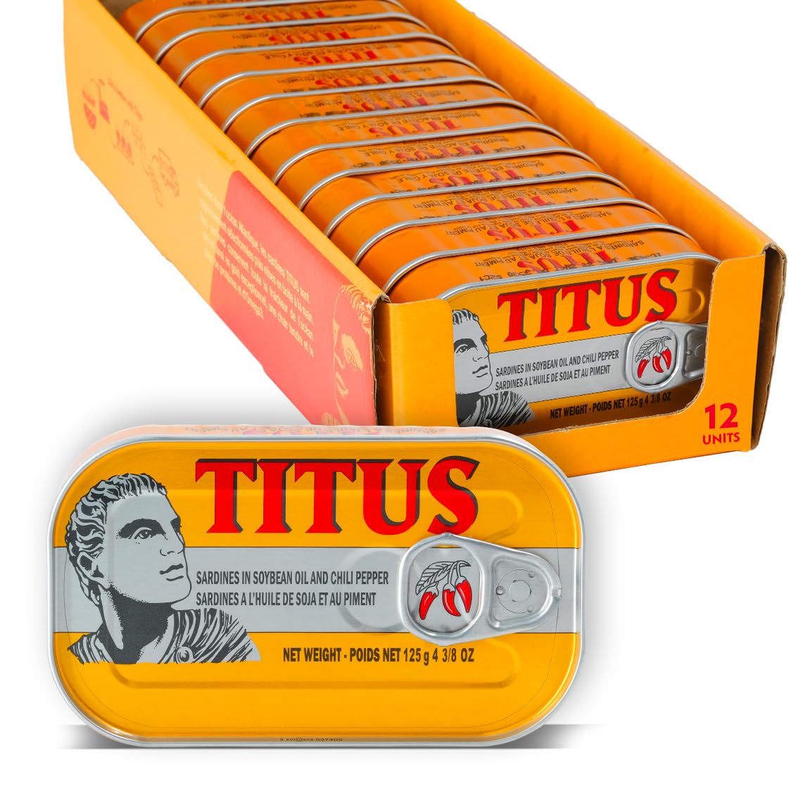 TITUS Sardines in Soybean Oil & Chili Pepper – Pack of 12 | Premium Quality Sardines, Omega-3 & Protein