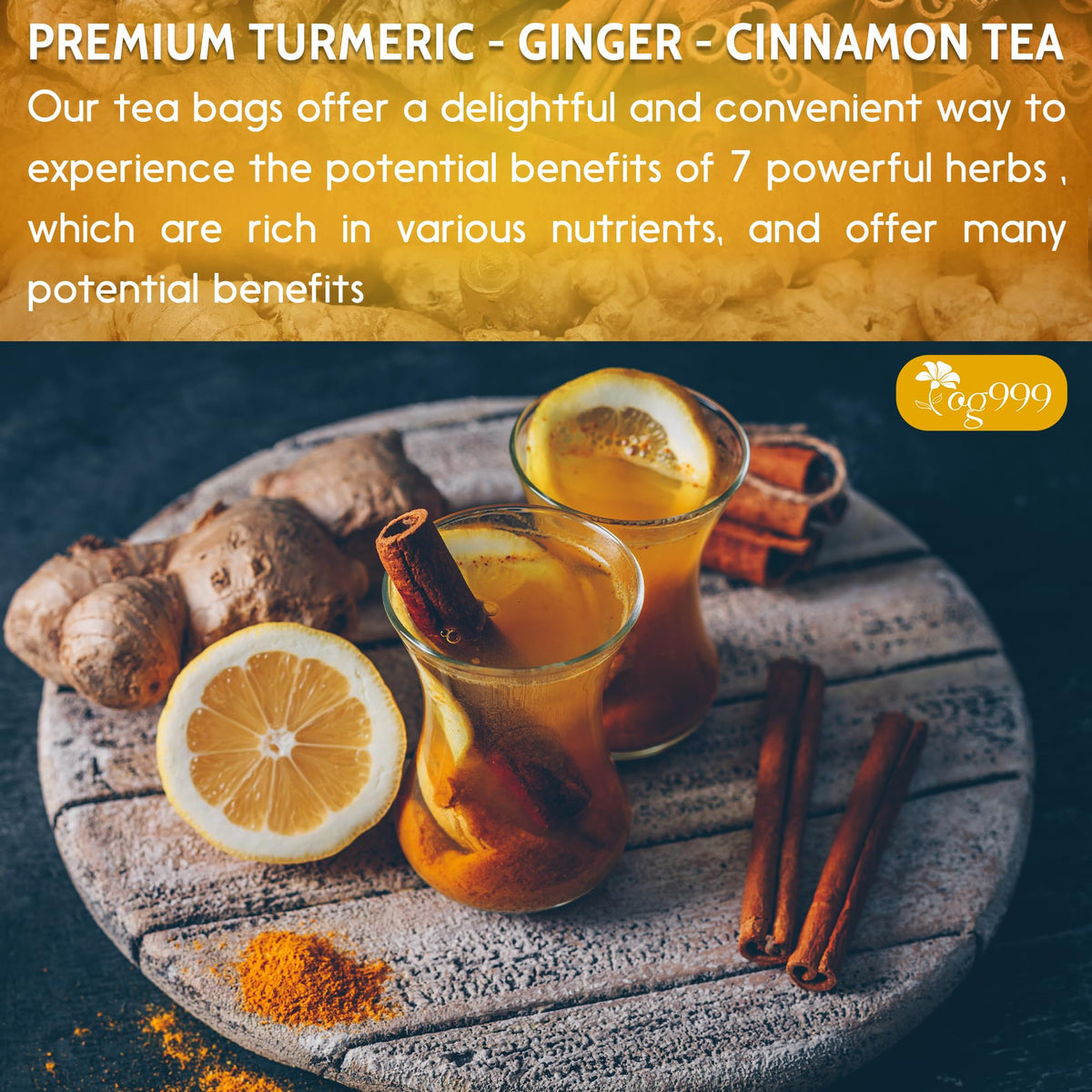 TOG999 Premium Turmeric Ginger Cinnamon Tea Bags – 200 Count, Caffeine-Free, Vegan