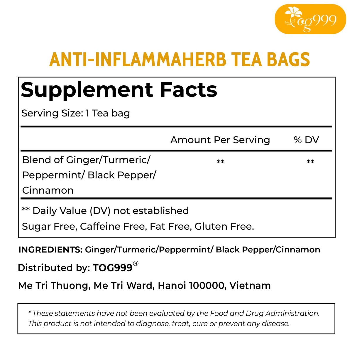 TOG999 Anti-Inflammaheb Tea Bags – 120 Count, 100% Natural Ginger Turmeric Peppermint Blend