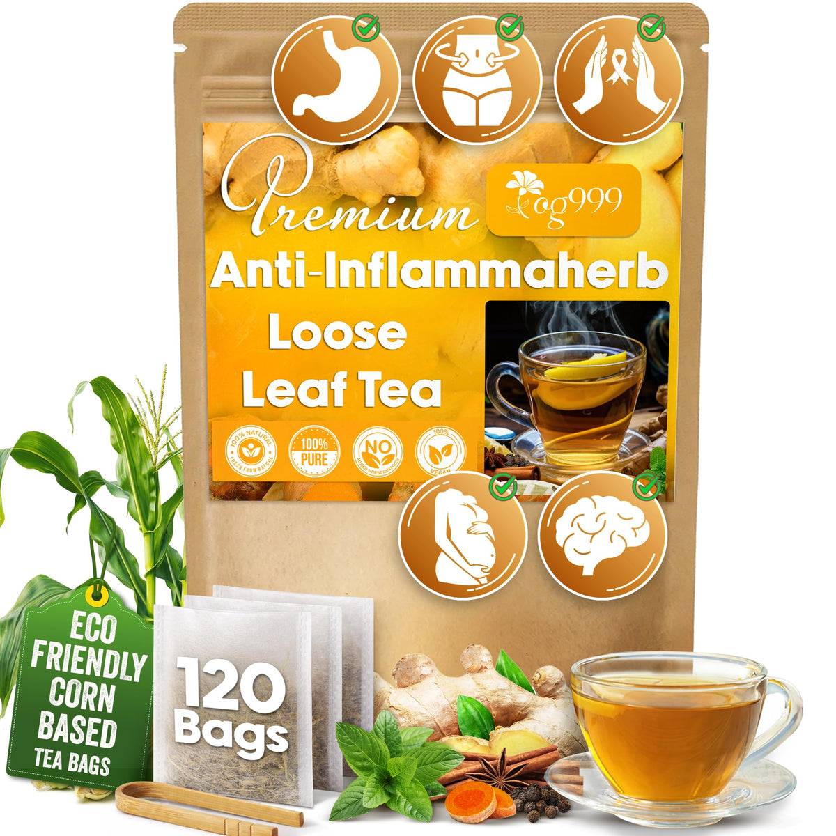 TOG999 Anti-Inflammaheb Tea Bags – 120 Count, 100% Natural Ginger Turmeric Peppermint Blend
