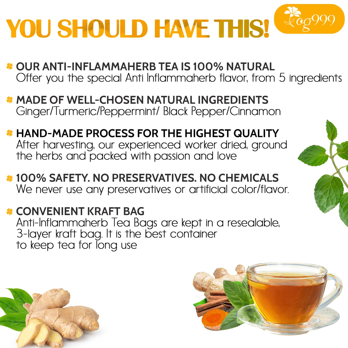 TOG999 Anti-Inflammaheb Tea Bags – 120 Count, 100% Natural Ginger Turmeric Peppermint Blend