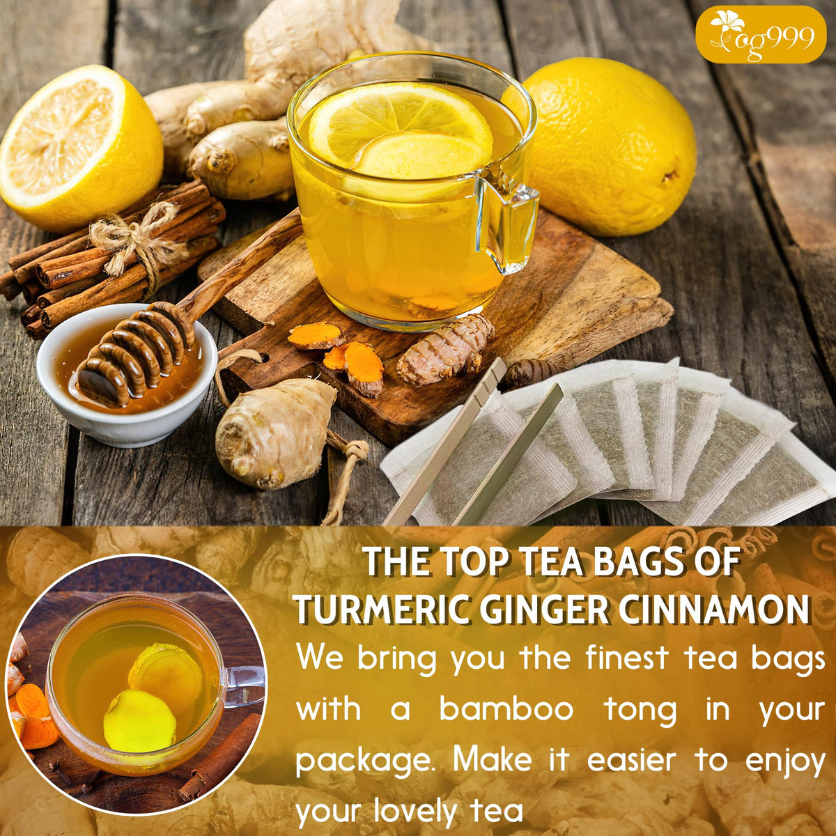TOG999 Turmeric Ginger Cinnamon Tea Bags – 200 Count, 100% Natural, Eco-Friendly, Caffeine-Free, Vegan