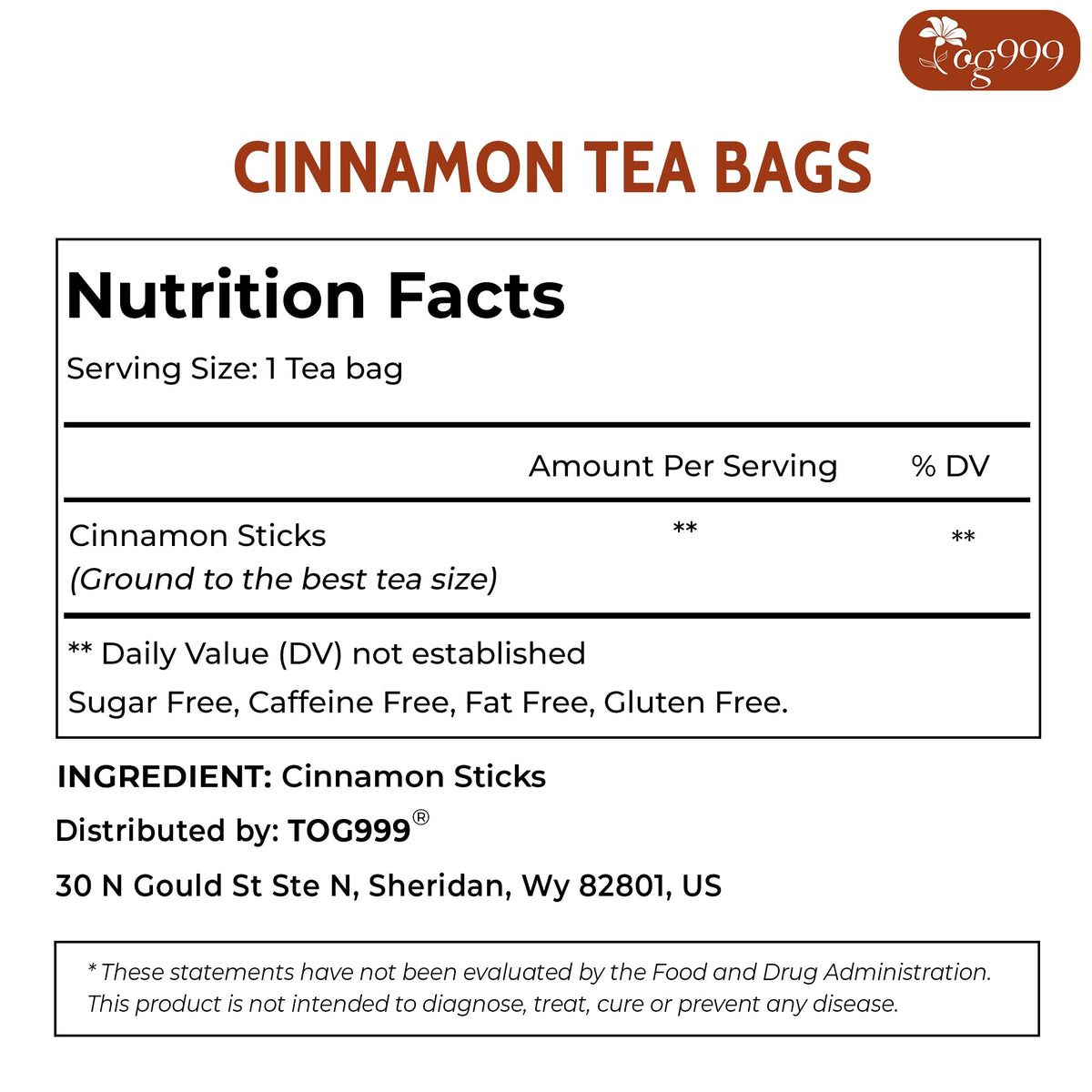 TOG999 Premium 200 Cinnamon Tea Bags – 100% Natural Cinnamon Herbal Tea