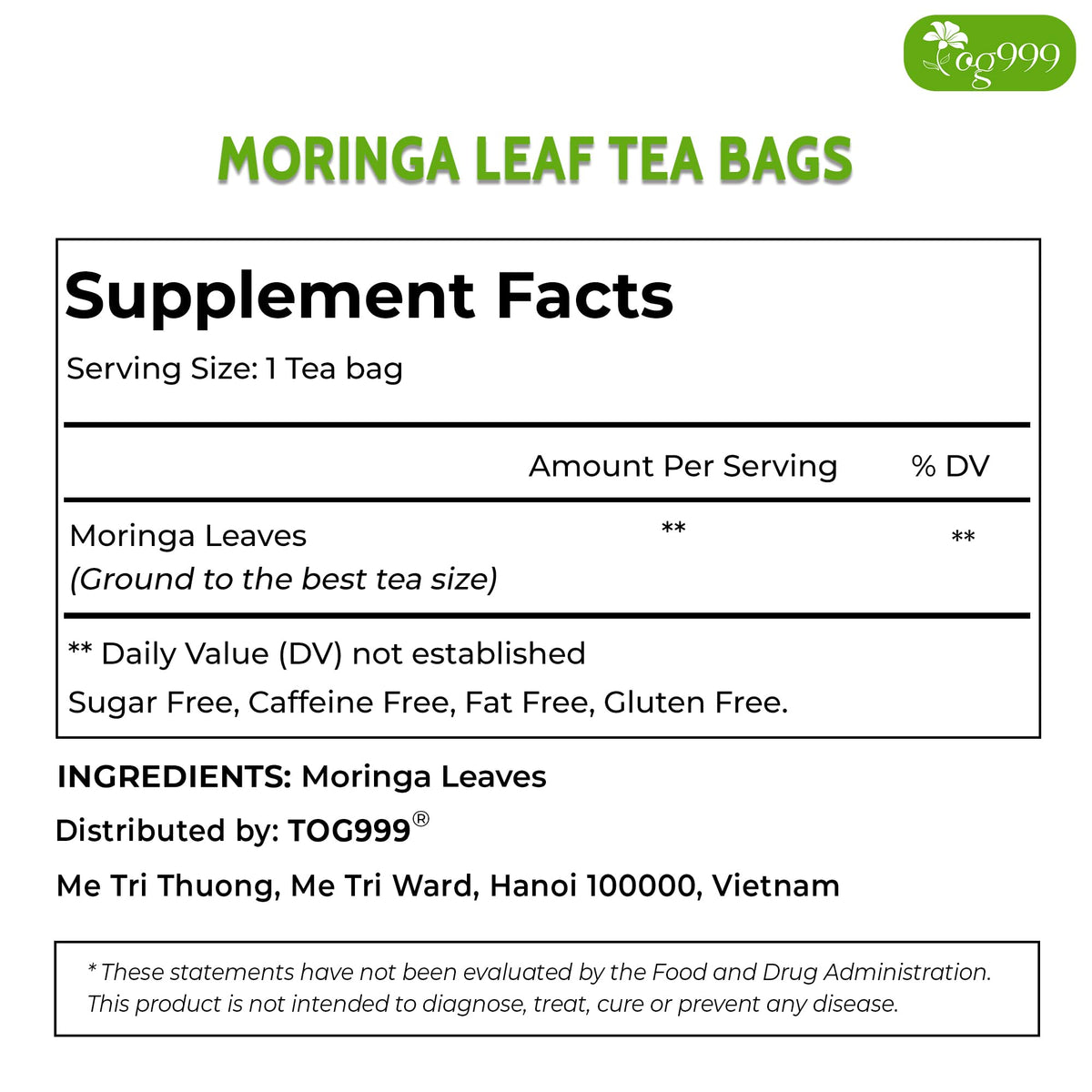 TOG999 Premium Moringa Leaf Tea Bags – 100% Natural, Caffeine-Free, Vegan