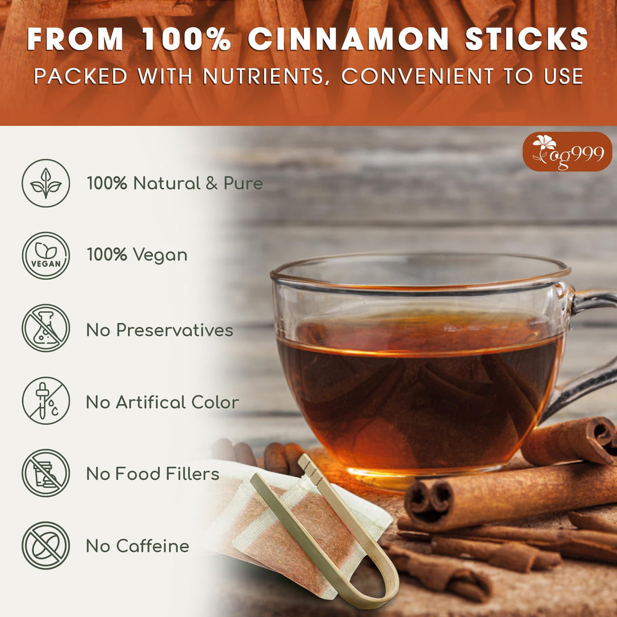 TOG999 Premium 200 Cinnamon Tea Bags – 100% Natural Cinnamon Herbal Tea