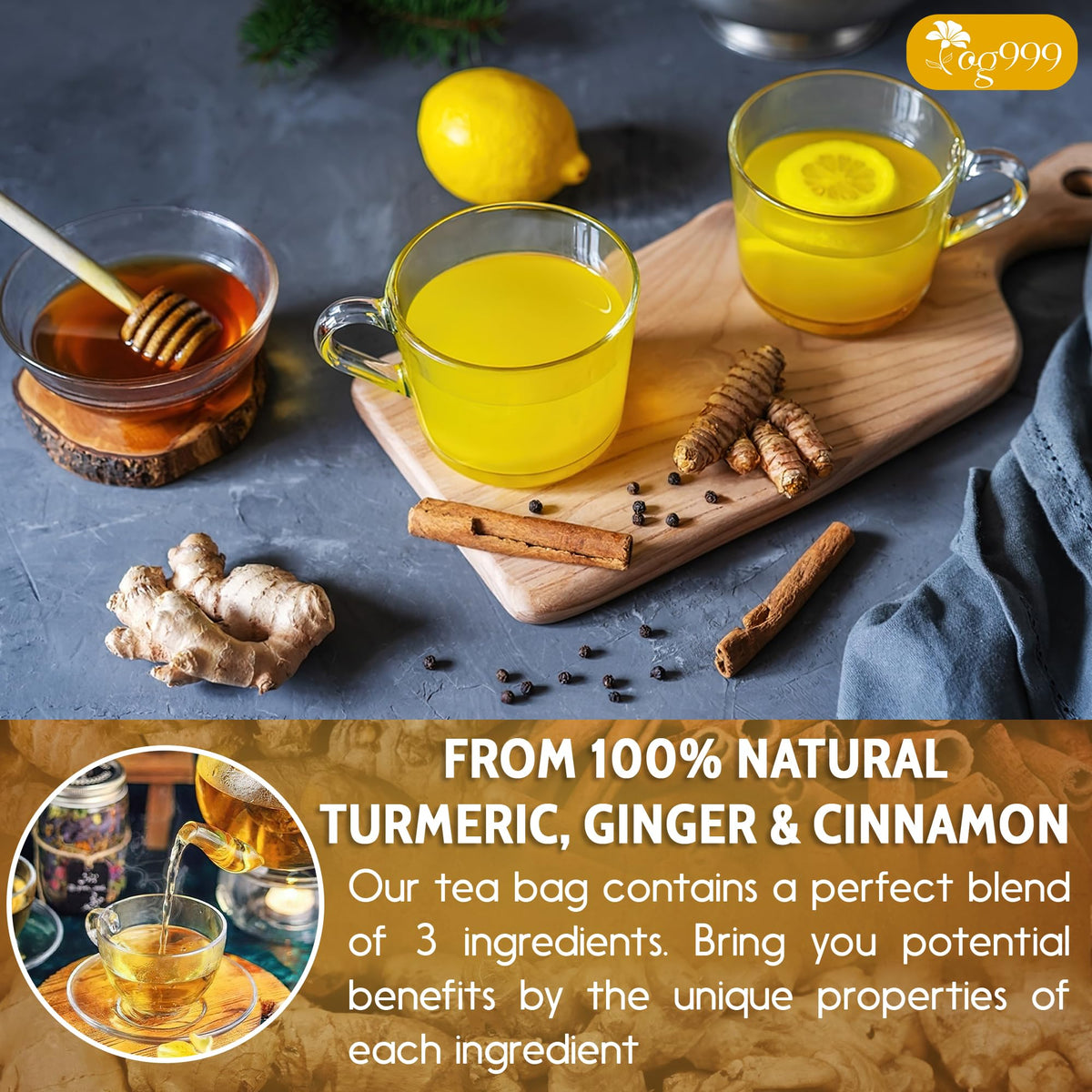TOG999 Turmeric Ginger Cinnamon Tea Bags – 200 Count, 100% Natural, Eco-Friendly, Caffeine-Free, Vegan