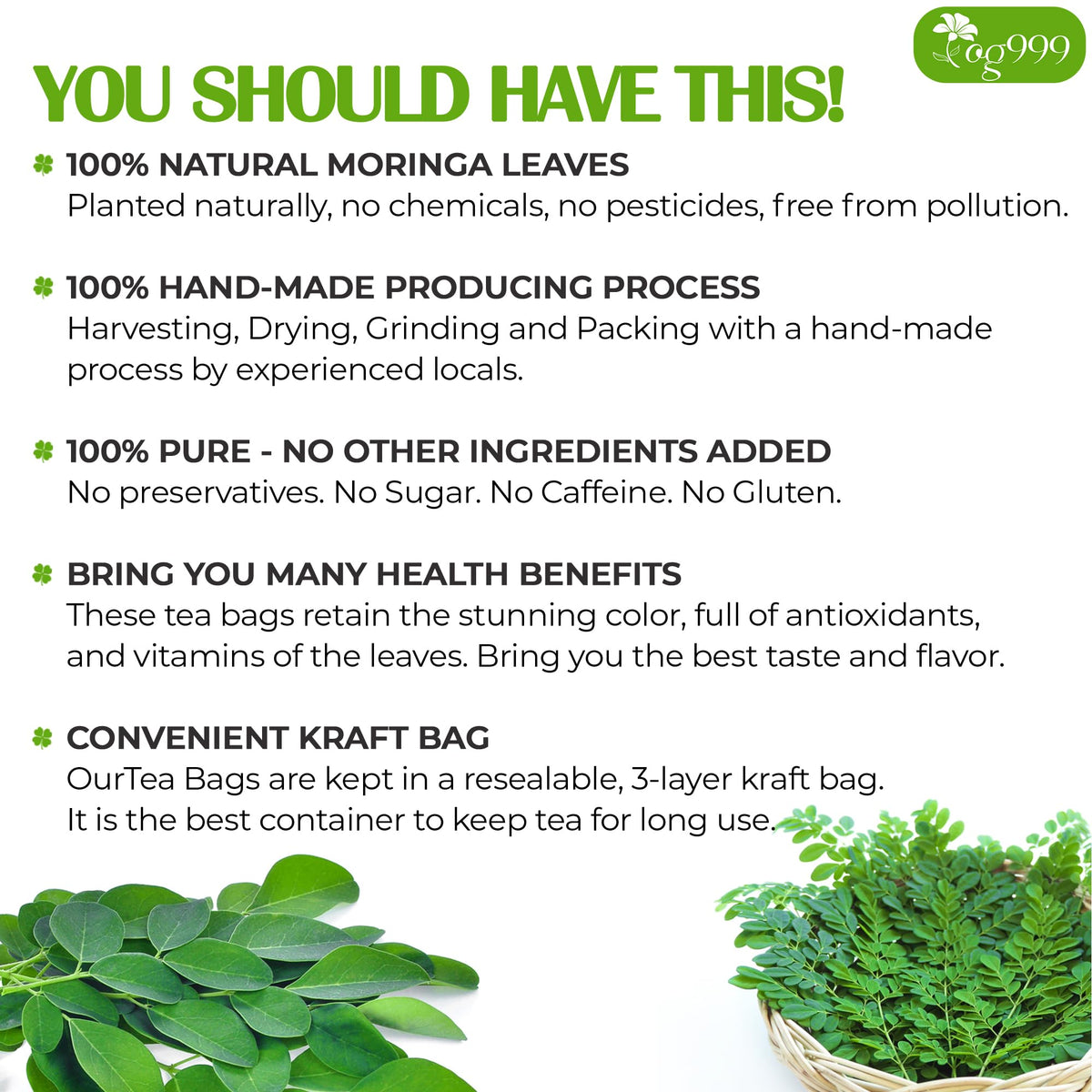 TOG999 Premium Moringa Leaf Tea Bags – 100% Natural, Caffeine-Free, Vegan