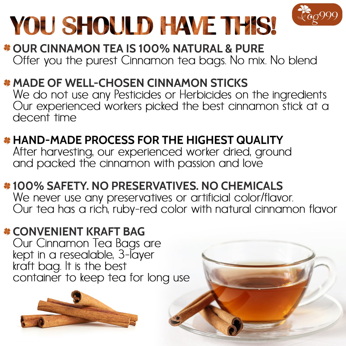 TOG999 Premium 200 Cinnamon Tea Bags – 100% Natural Cinnamon Herbal Tea